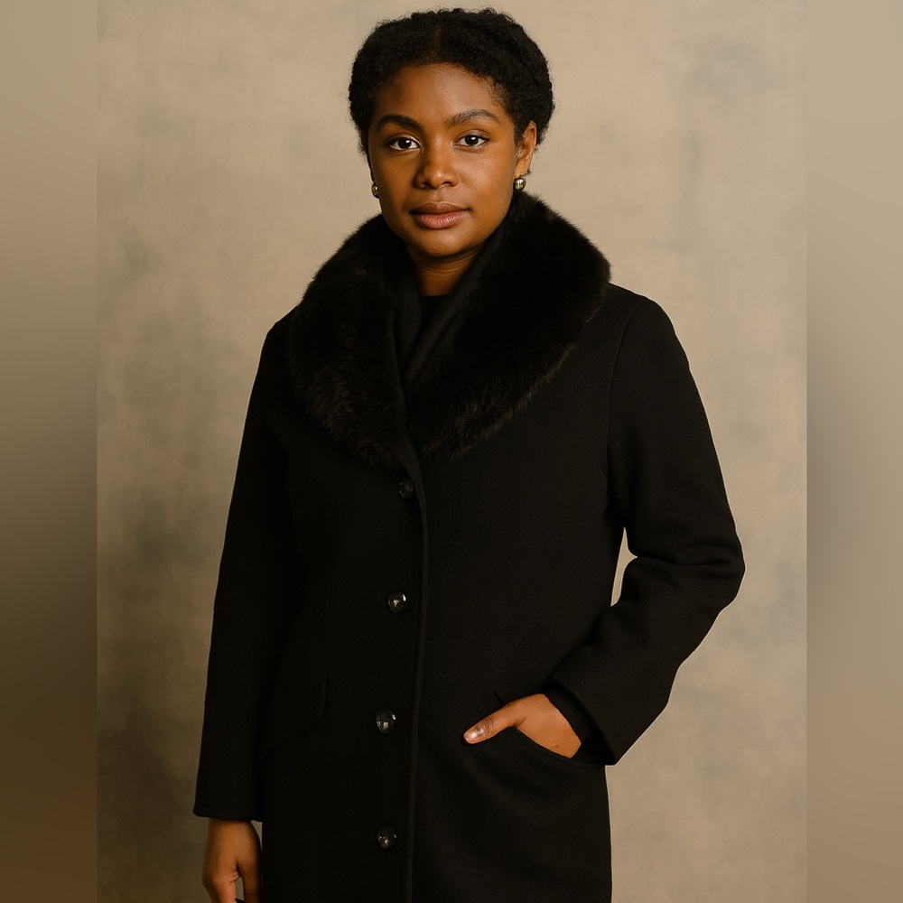 SACHI Elegant Black Pea Coat with Plush Collar